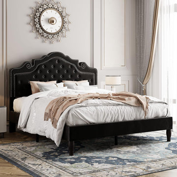 Full Bed Frame with Adjustable Velvet Tiara Headboard, Upholstered Diamond Button Tufted Platform Bed