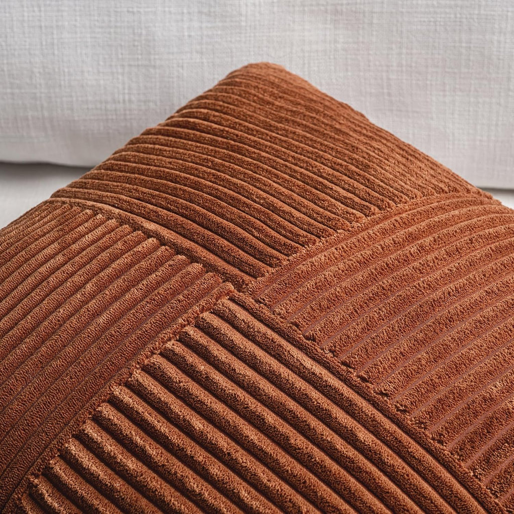 2 Packs Rust Boho Decorative Throw Pillow Covers 18x18 Inch, Farmhouse Fall Home Decor, Soft Corss Corduroy Patchwork