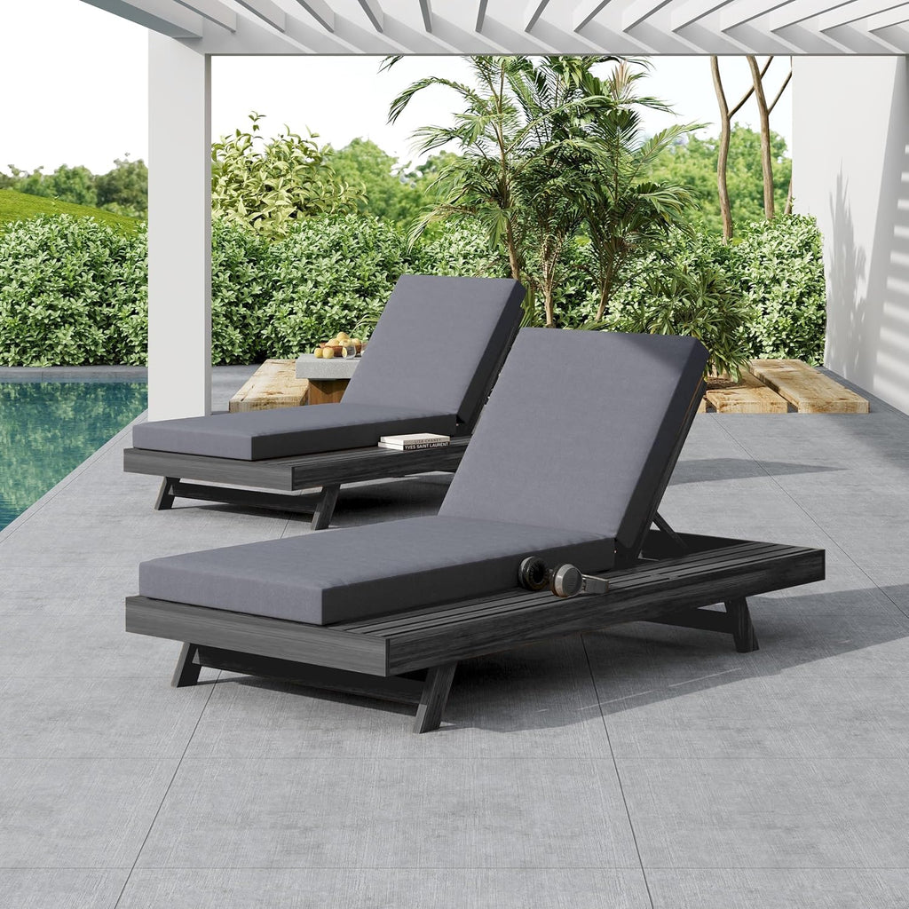 Acacia Wood Outdoor Lounge Chaise with Cushion, Adjustable Reclining Patio Chair, Sturdy Weather-Resistant Solid Wood