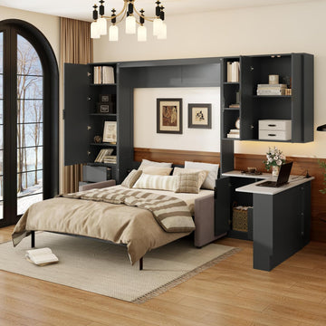 Queen Wall Murphy Bed with Upholstered Sofa & Desk, Solid Wood Foldable Platform Bed Frame with LED/USB Charging