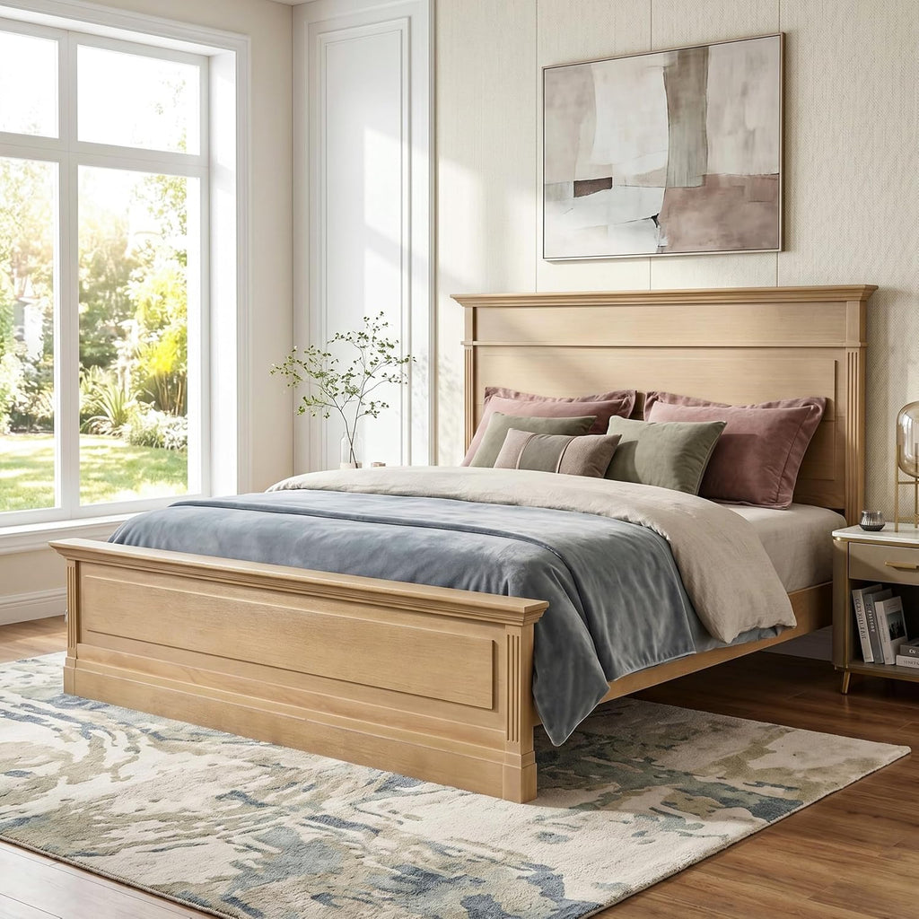 Rustic Queen Solid Wood Bed Frame, Farmhouse Platform Bed with 53.5" Tall Headboard, Heavy Duty Wood Bed Frame with