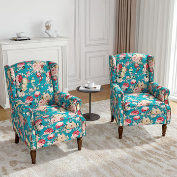 Floral Wingback Accent Chairs Set of 2, High Back Armchair, Peacock Blue