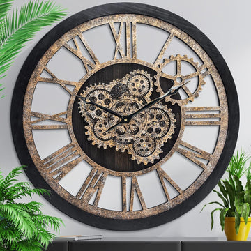 Wall Clock for Living Room Decor, Large, 24 in (60cm), Moving Gear, Farmhouse Vintage Industrial Oversized Wall Clock