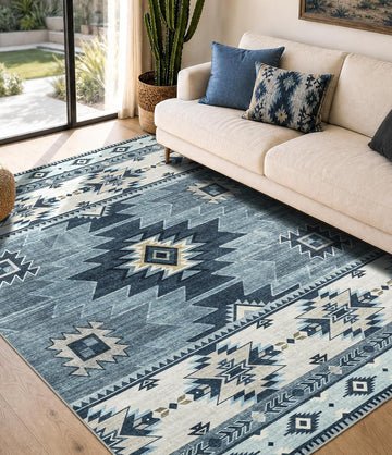 Washable Western Aztec Area Rug, Blue