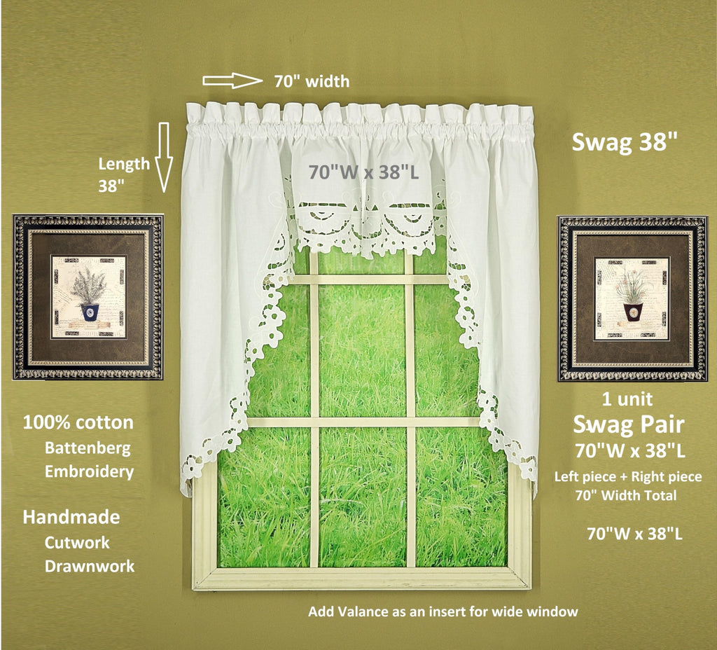 Imperial Classic Drawn Cutwork Window Swag 38", White, 70" W x 38" L