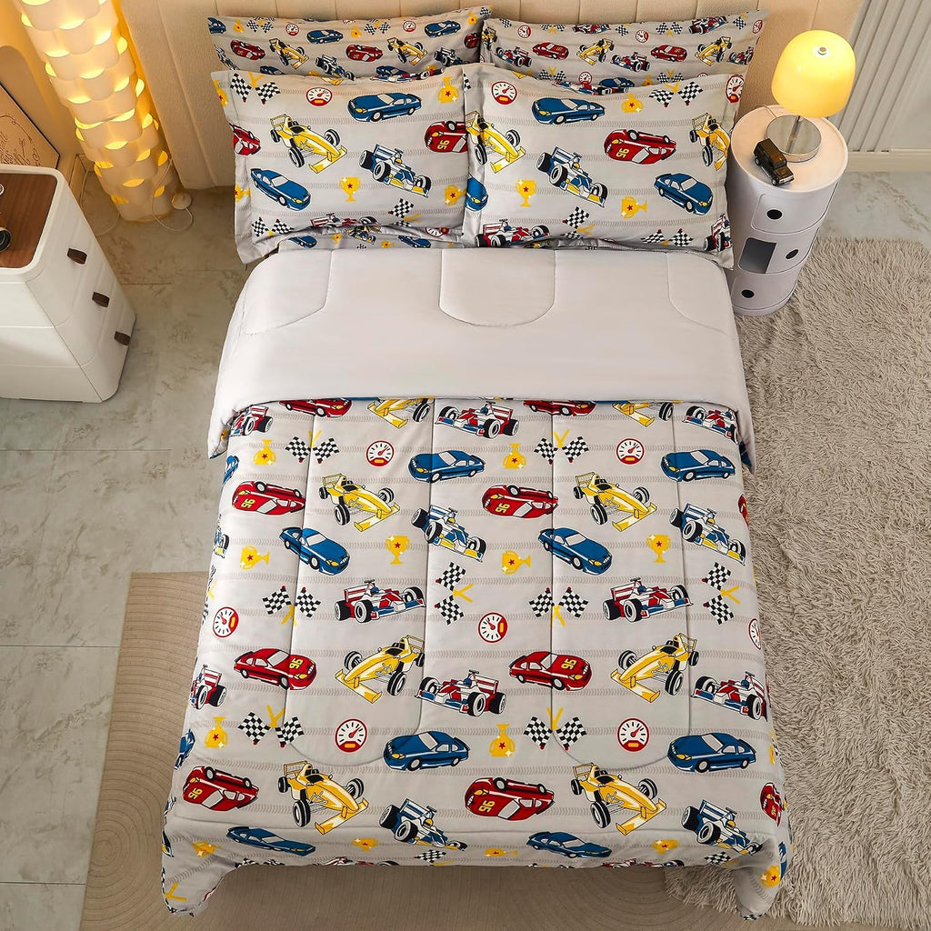 Comforter Sets for Boys Kids, 6 Pieces Bed in a Bag Racing Car Bedding Comforter Sheet Set with Shams and