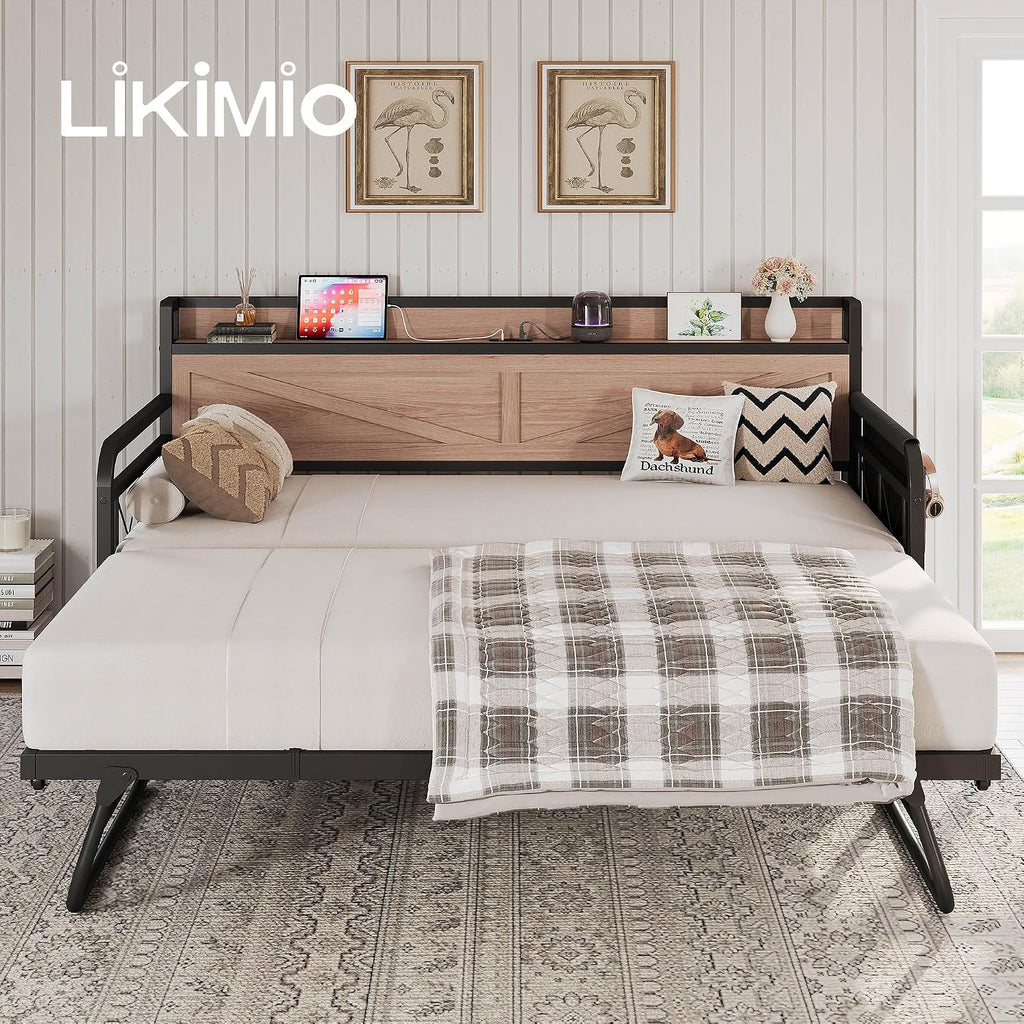 Twin Daybed with Pop Up Trundle & Charging Station & Storage Shelf | Pop Up Trundle with Smooth Wheels, Strong