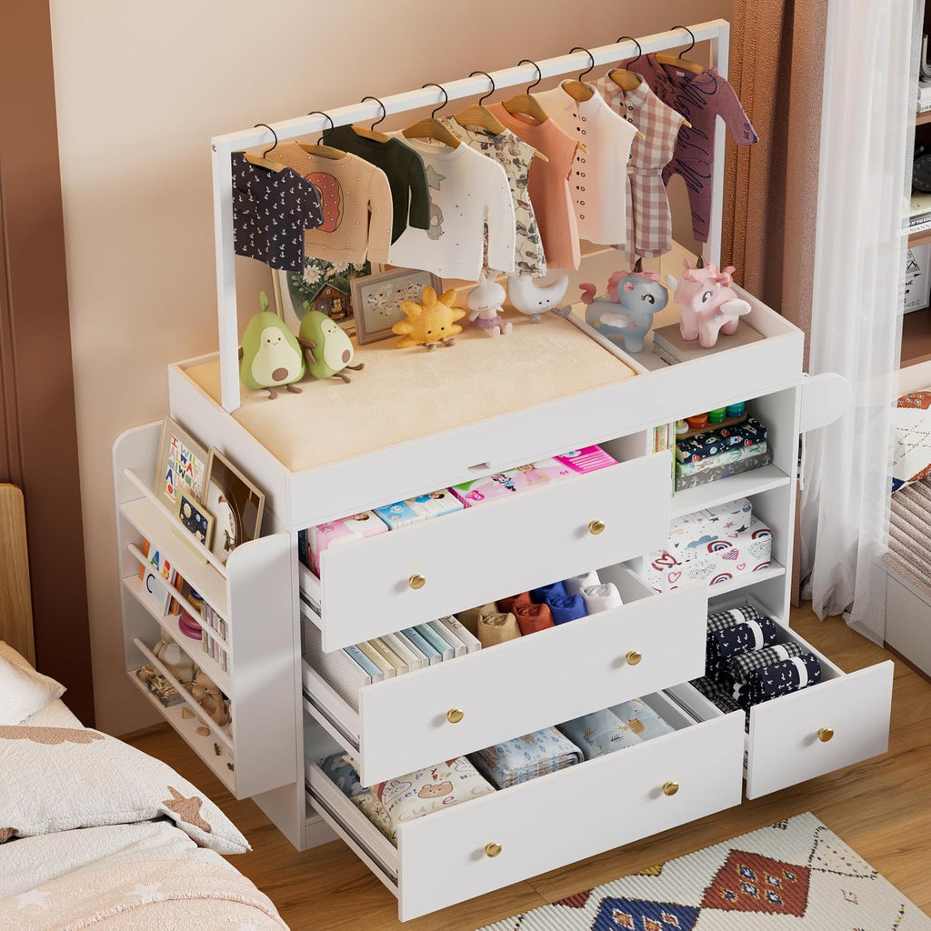 Modern Changing Table Dresser,Baby Dressing Table with 4 Drawers and Storage Shelves,Multi-Functional Baby Changing