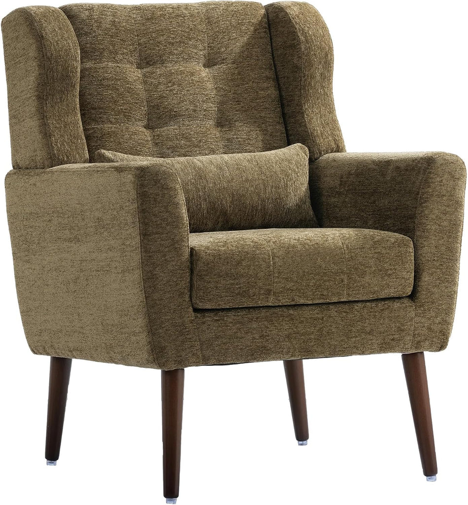 Modern Accent Chair Chenille Armchair with Pillow, Upholstered Arm Chairs with Solid Wood Legs, Soft Padded Lounge