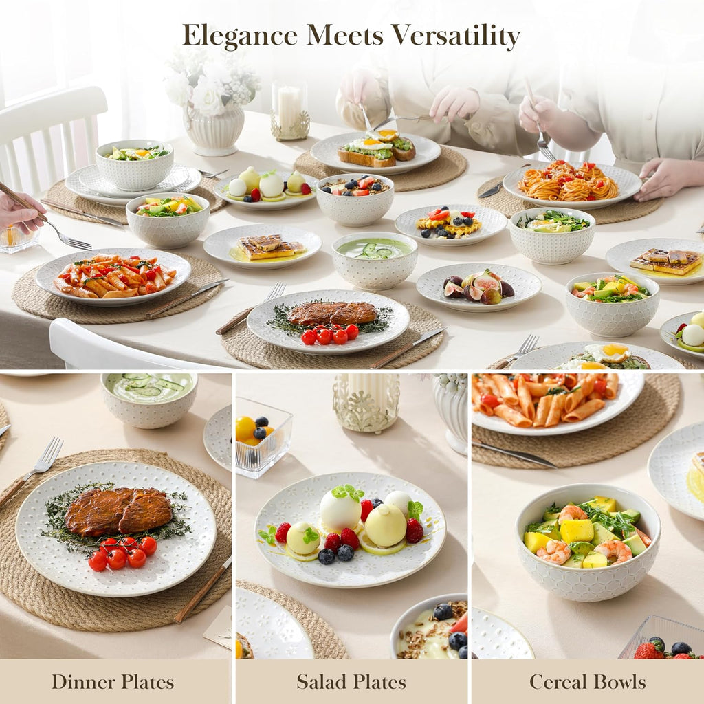 24 Piece Dinnerware Set, Embossed Ceramic Dish Sets Service for 8, Plates and Bowls Set