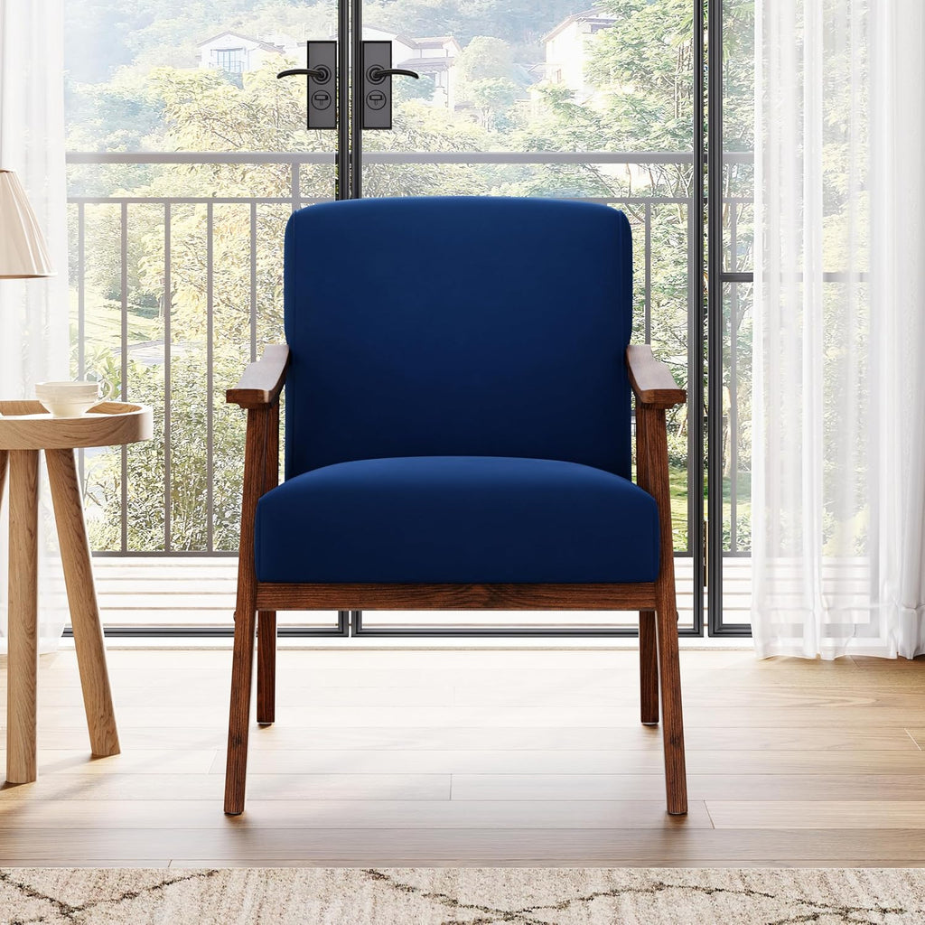 Mid Century Accent Chair, Boho Farmhouse Accent Chairs , Retro Single Lounge Reading Armchair with Solid Wood Frame