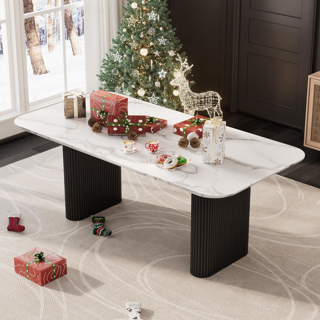 Faux Marble Oval Dining Table, 71" Modern Kitchen Table for 4-6 People, Easy to Assemble Accent Dining Table with