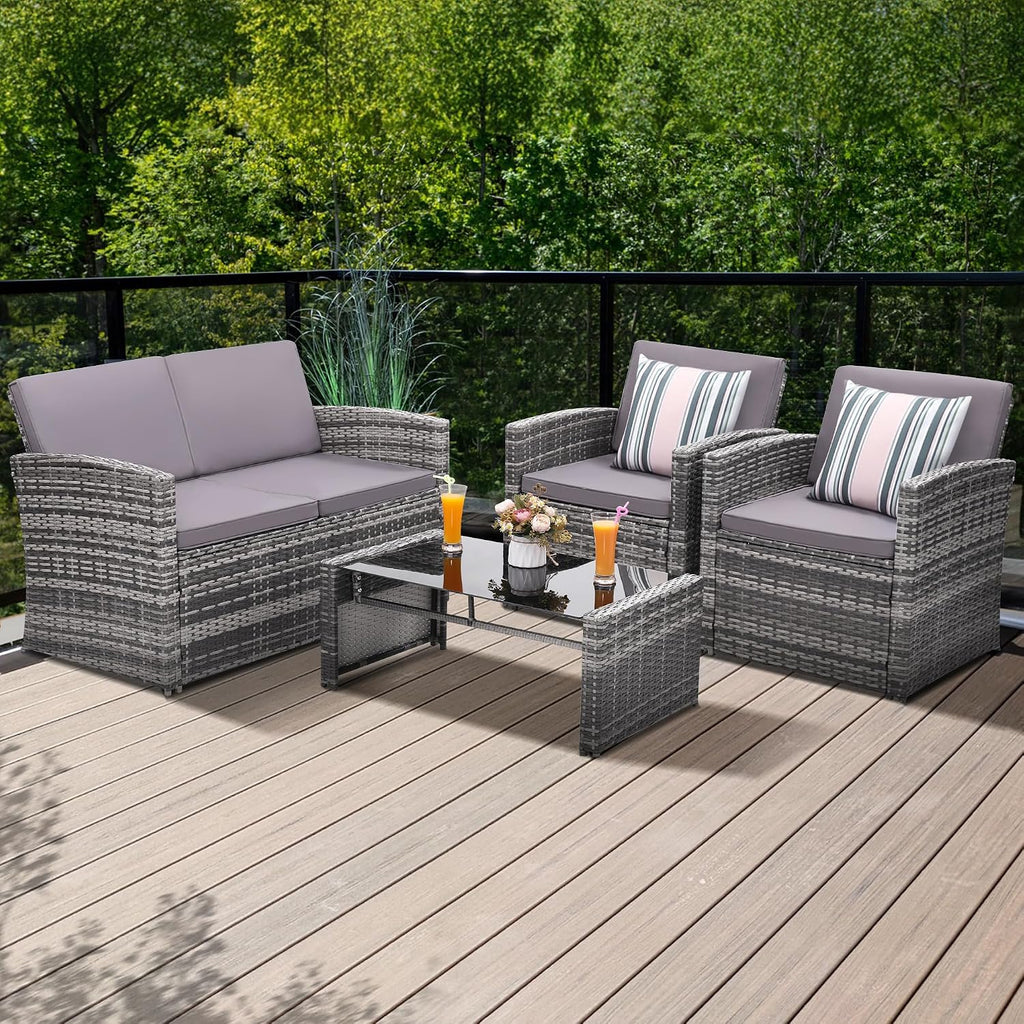 4 Piece Patio Furniture Set, Outdoor Wicker Conversation Set | Washable Cushions, 2 Armchairs + Loveseat Sofa +