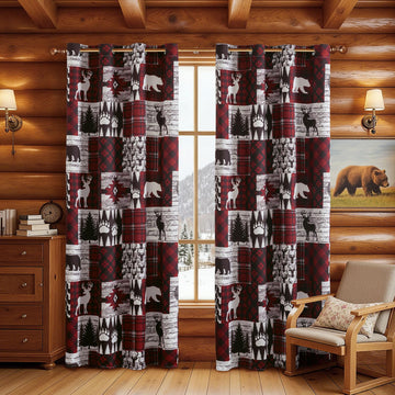 Red Rustic Christmas Curtains Bedroom, 52W x 84L, 2 Panels