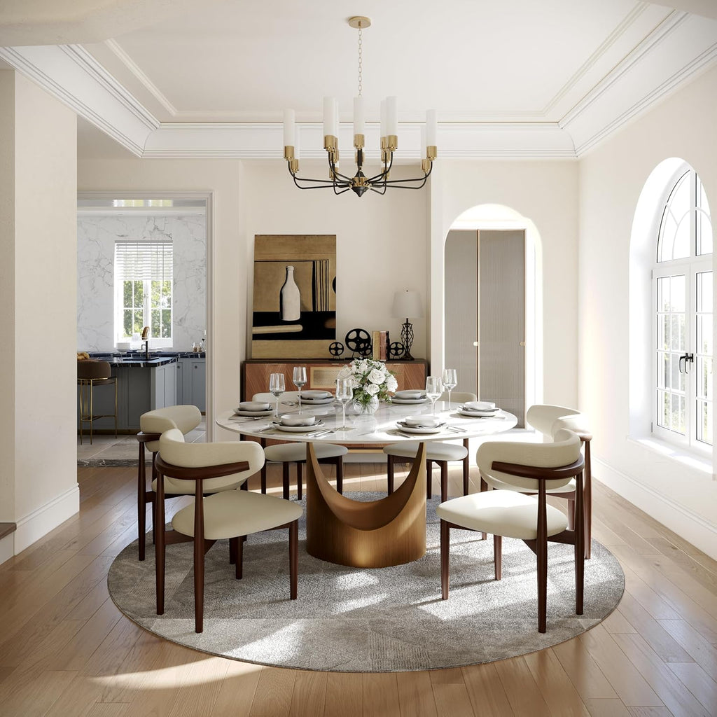 59" Round Dining Table for 6, Glossy White Sintered Stone Dining Tabletop with Bronze Carbon Steel Pedestal, Modern