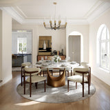 59" Round Dining Table for 6, Glossy White Sintered Stone Dining Tabletop with Bronze Carbon Steel Pedestal, Modern