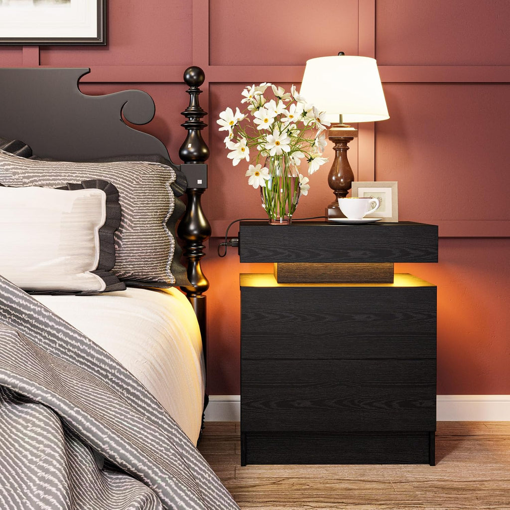 Nightstand with Charging Station LED Light and 2 Drawers Black | bedside table; end table; charging station; LED