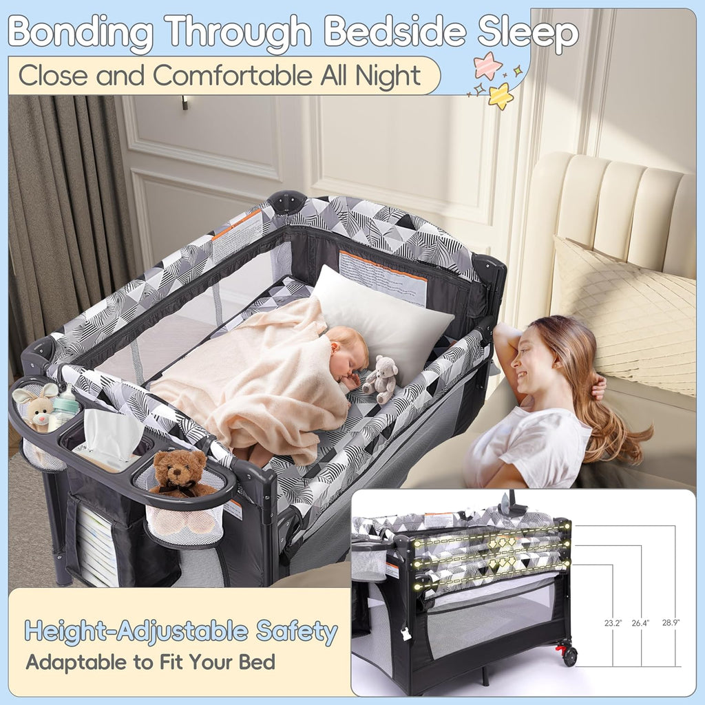 5-in-1 Pack and Play with Changing Table, Baby Bassinet Bedside Sleeper with Storage Bag & Music Box, Portable Baby