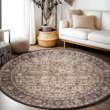 Washable Large Round Area Rug 6ft, Washable Vintage Accent Distressed Faux Wool Ultra Soft Rug, Non Slip Stain