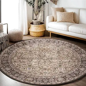 Washable Large Round Area Rug 6ft, Washable Vintage Accent Distressed Faux Wool Ultra Soft Rug, Non Slip Stain