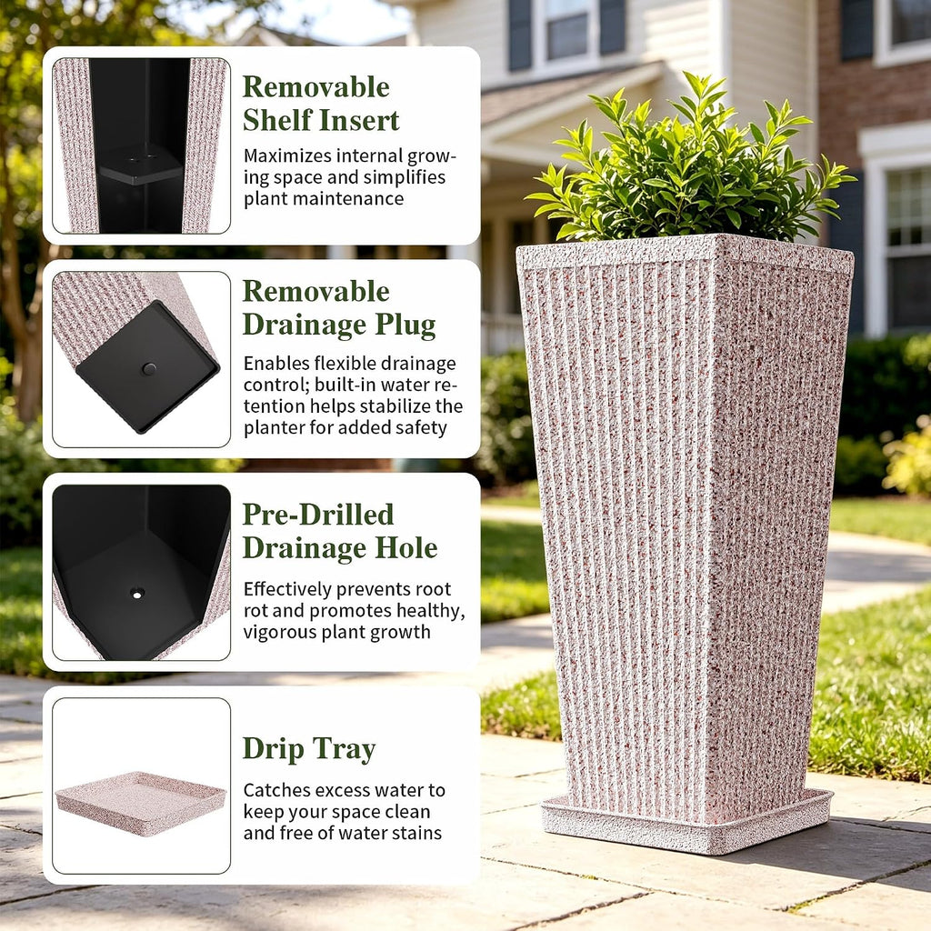 24" Tapered Tall Planters for Outdoor Plants with Tray&Shelf, Red | Resin PP Weather-Resistant Material, Stone&Fluted