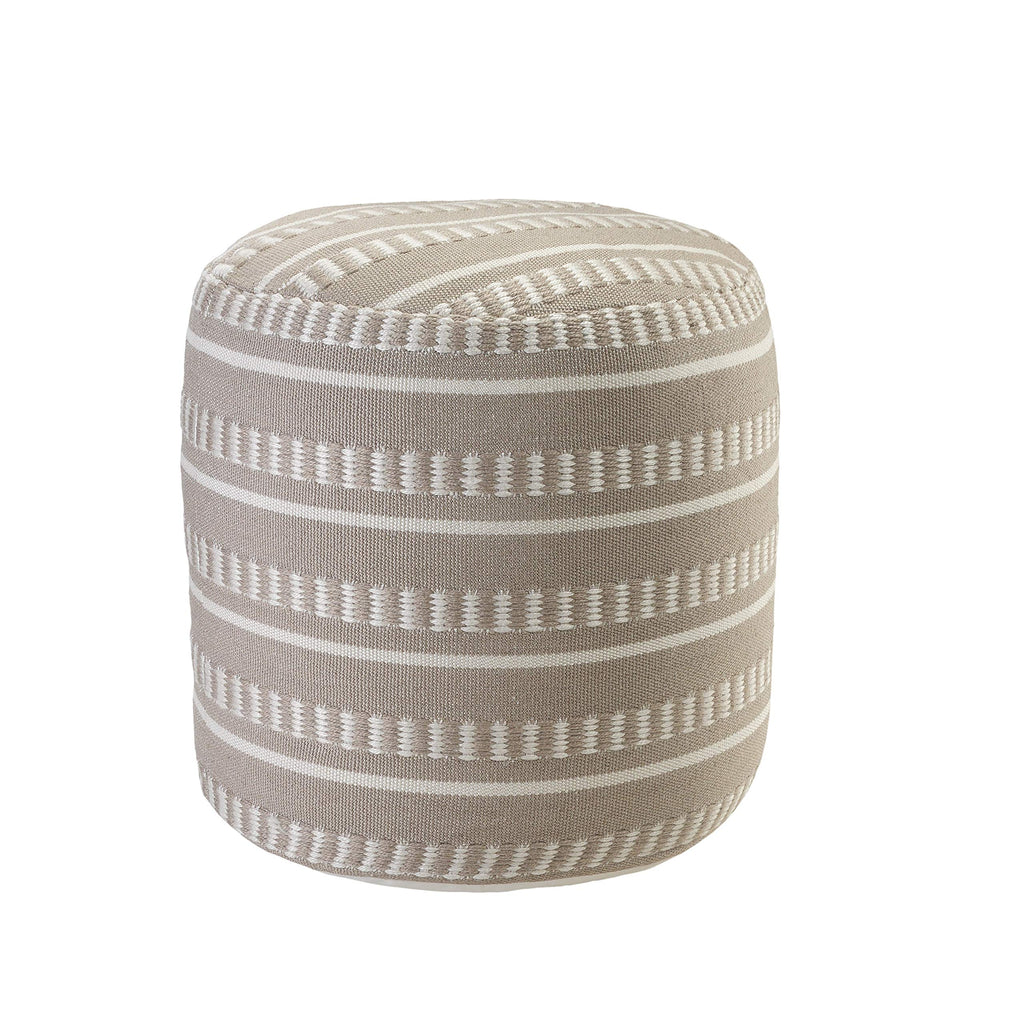 LR Home Dash and Stripe Geometric Pouf Ottoman, Handmade Indoor Outdoor Round Footrest and Extra Seat, Beige and