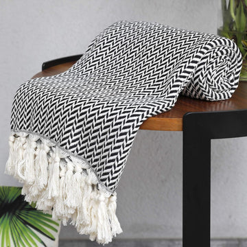 Premium Cotton Light Weight Boho Throw Blanket 50”x60” Gray Black and Off White