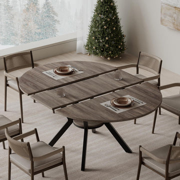 42"-58" Extendable Round Dining Table for 4-6, Kitchen Oval Table with Hidden Leaves & Storage Shelf, Space Saving