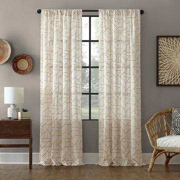 Fragmented Geometric Embroidery Mid-Century Modern Natural Blend Curtain, 50" x 84" Panel, Gold/Linen