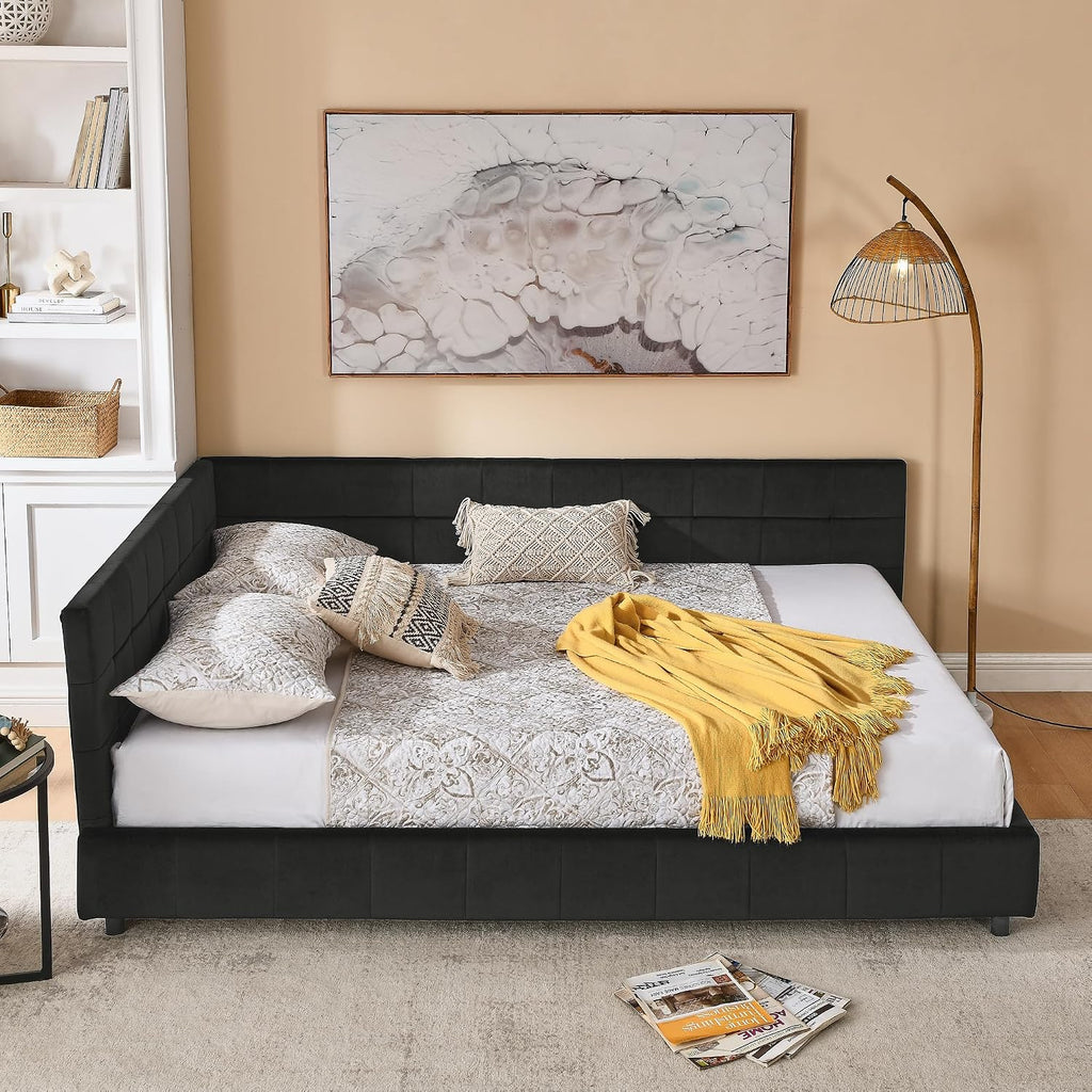 Queen Size Upholstered Daybed, Queen Corner Bed with L Shaped Headboard, Velvet Day Bed Floor Bed Frame Guest Room