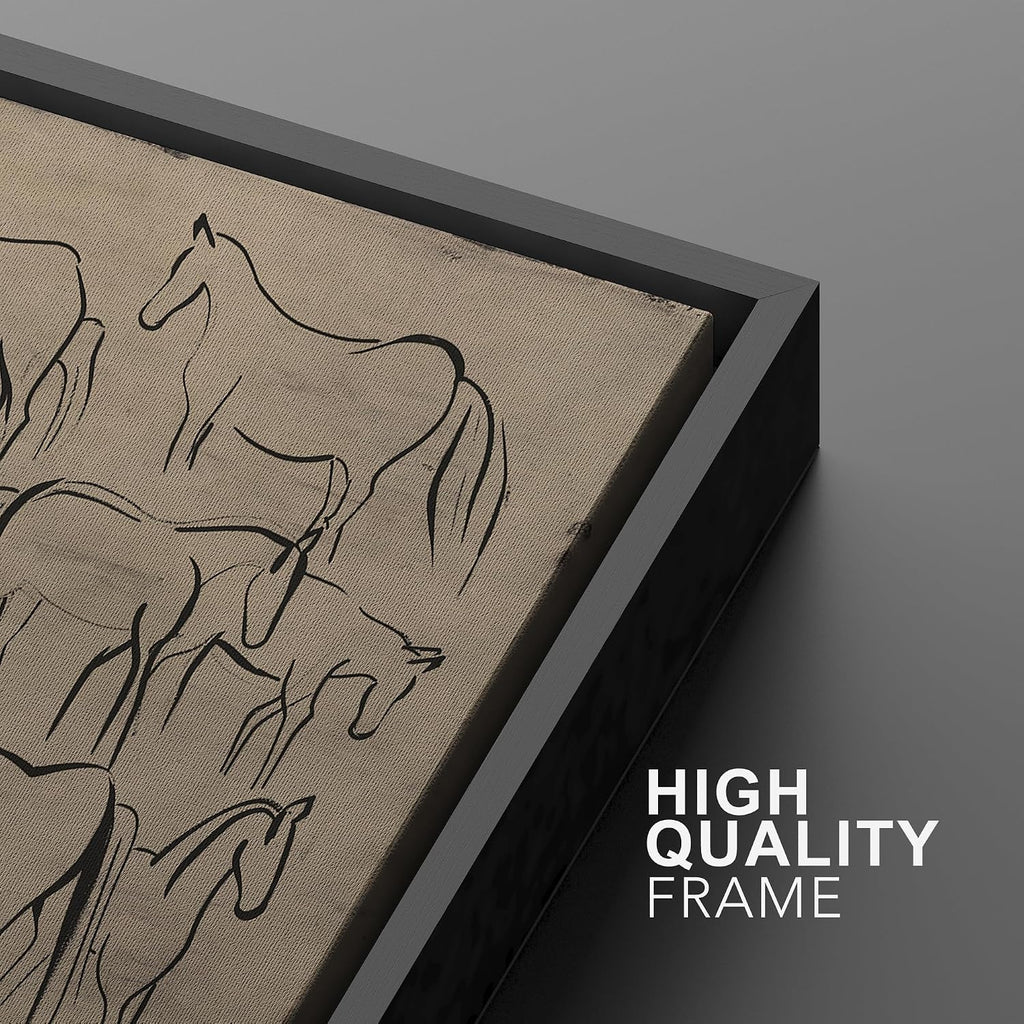 Framed Canvas Print Wall Art Abstract Horse Sketch Collection on Beige Minimalist Illustrations Digital Art
