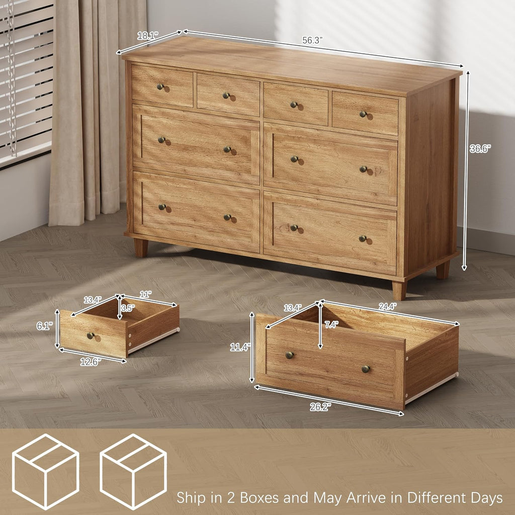 Dresser 8 Drawer Wood Dresser 56.3" Wide, Large Storage Chest of Drawers , Modern TV Stand Drawer Organizer, Natural