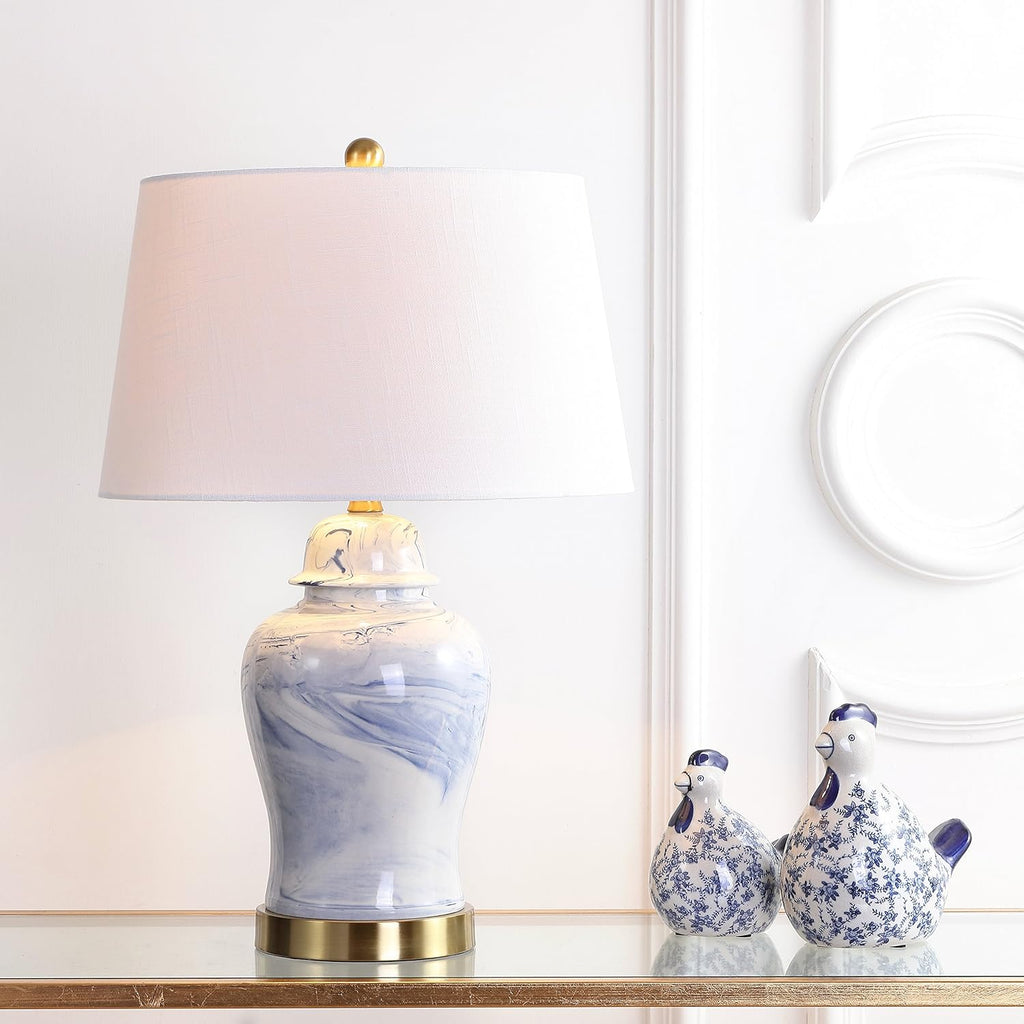 26" Blue and White Marble Ceramic Table Lamp, Traditional Ginger Jar Style with Brass Gold Base