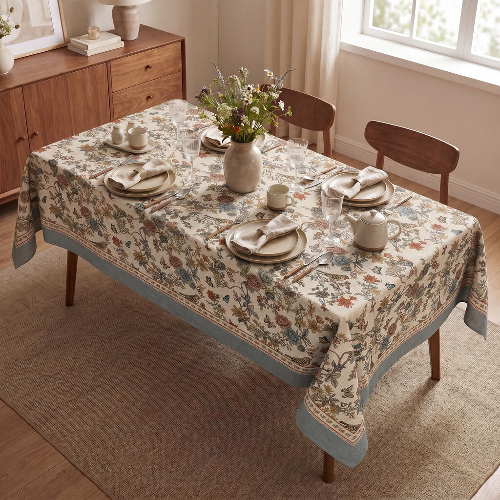 Linen Texture Tablecloth 60"×84" Rectange, Boho Rose Green