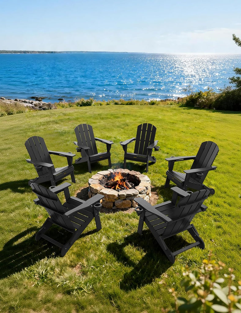 Folding Adirondack Chair, Wooden Textured Plastic Adirondack Chairs with 2 Cup Holder, Weather Resistant HDPE Fire
