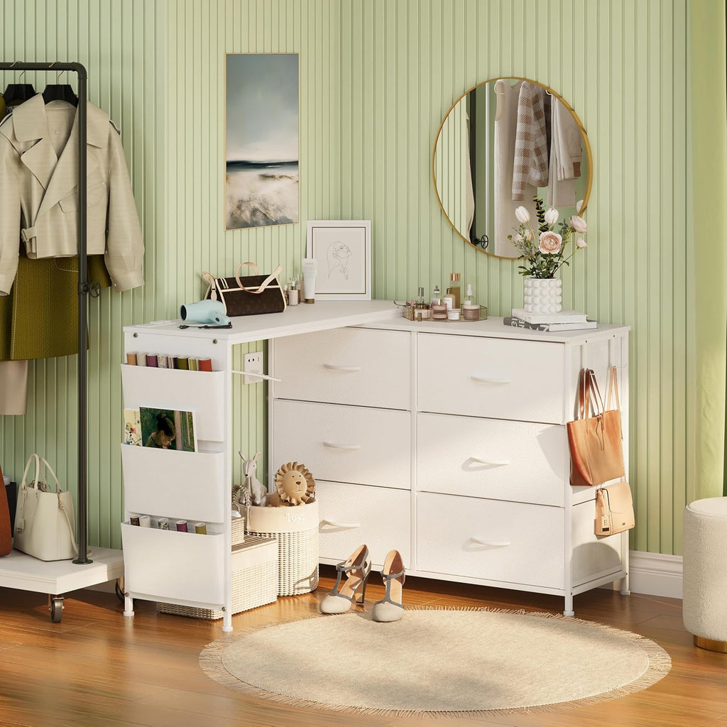 Modern Corner Vanity Desk with 6 Fabric Drawers Power Outlet Side Pocket L Shaped Drawers Makeup Desk Dressing Table