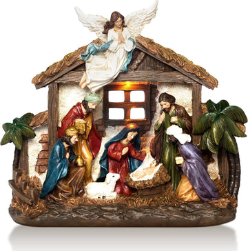 Nativity Sets for Christmas Figurine Decorations Indoor, 12.5 Inch Large Lighted Resin Manger for Nativity Scene
