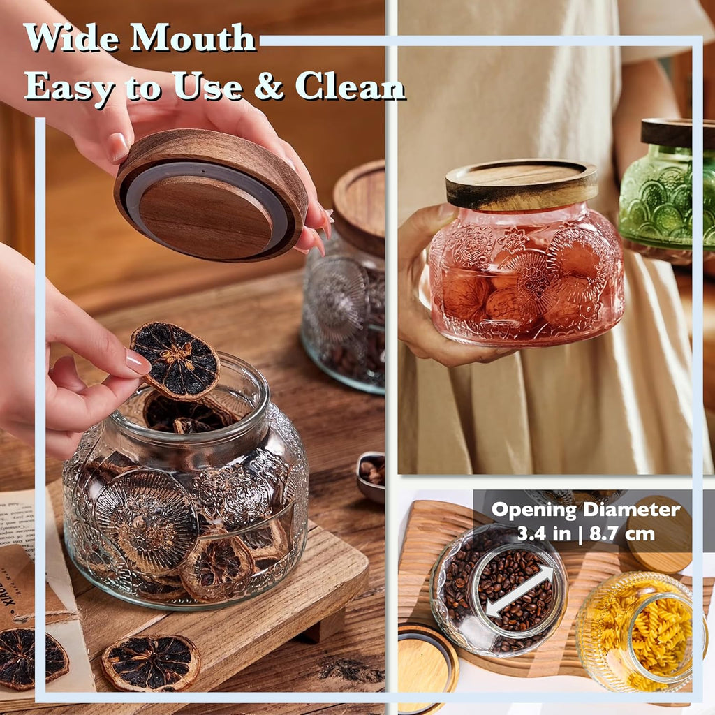 Decorative Pink Embossed Glass Jar with Airtight Wooden Lid, 40 fl. oz