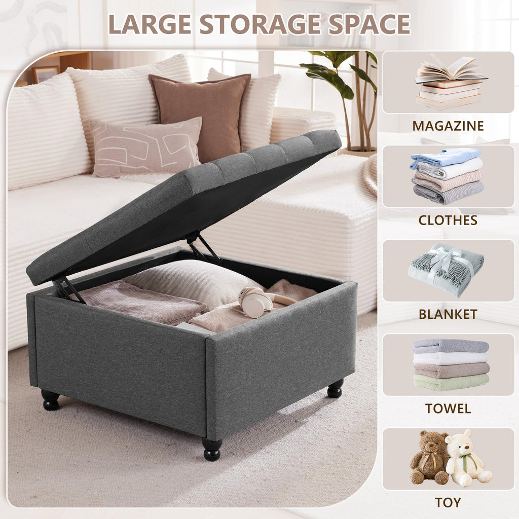 30" Large Square Ottoman with Storage, Fabric Ottoman Coffee Table, Grey