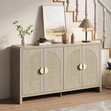 Rattan Sideboard Buffet Cabinet with Storage, 55" Accent Cabinet with Arch Doors & Adjustable Shelves