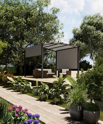10 ft x 10 ft Outdoor Arched Pergola, Metal Gazebo with Retractable Sun Shade for Backyards, Lawn