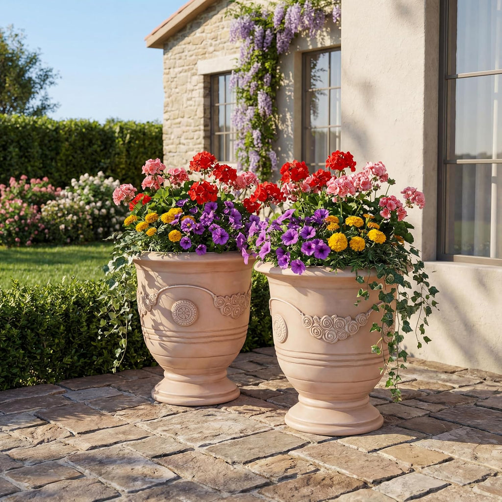 Rewol Round Concrete Planter Set of 2, 2 Pack Garden Flower Pot with Drainage Hole, Floral Relif Patio Urn Planter