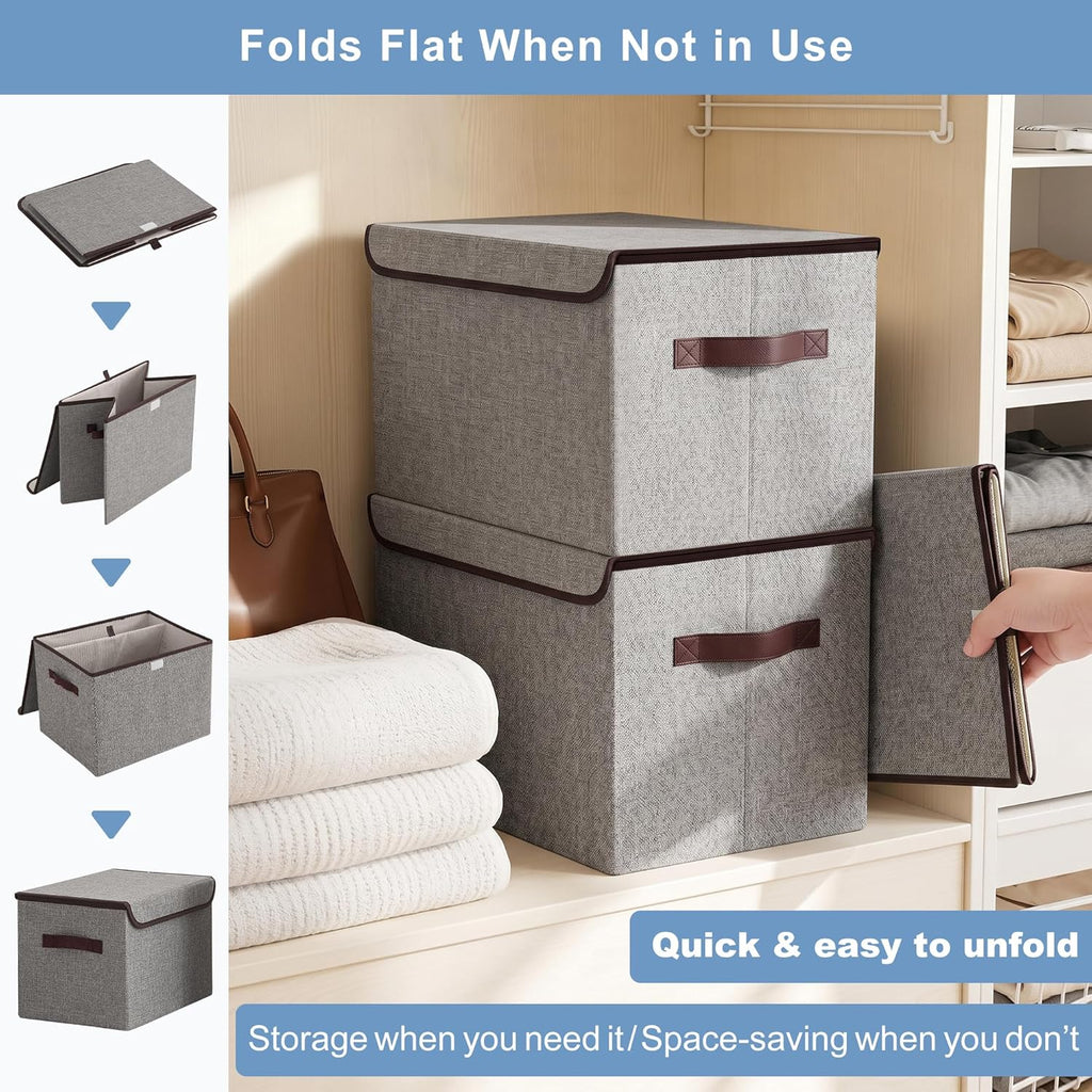 Large 22 Quart Linen Fabric Foldable Storage Bin Cube Organizer Basket with Flip-Top Lid & Handles, Clothes Blanket