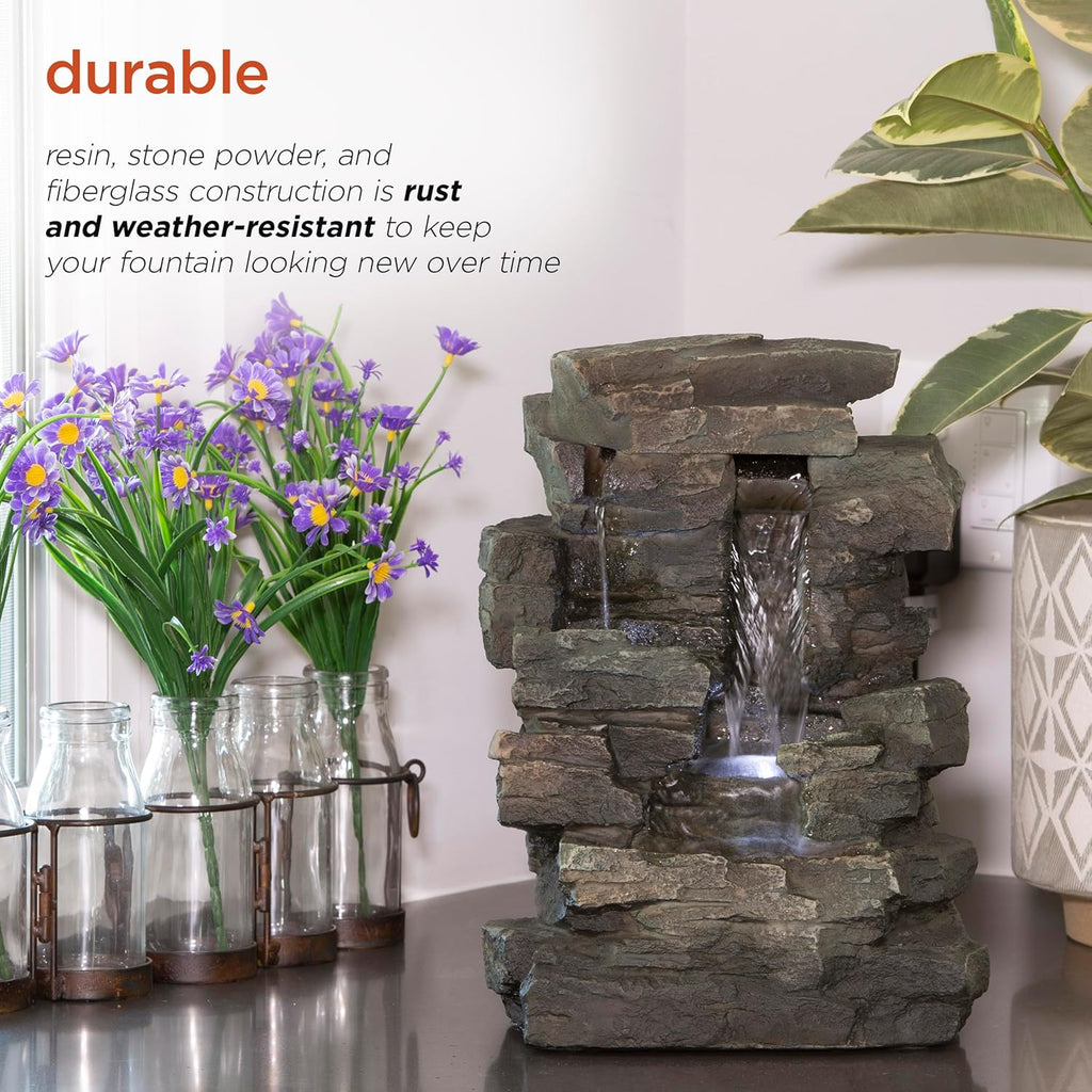 13" Tall Indoor Tabletop Water Fountain, 4 Tier Cascading Water Feature with LED Lights, or Zen Decor, Gray
