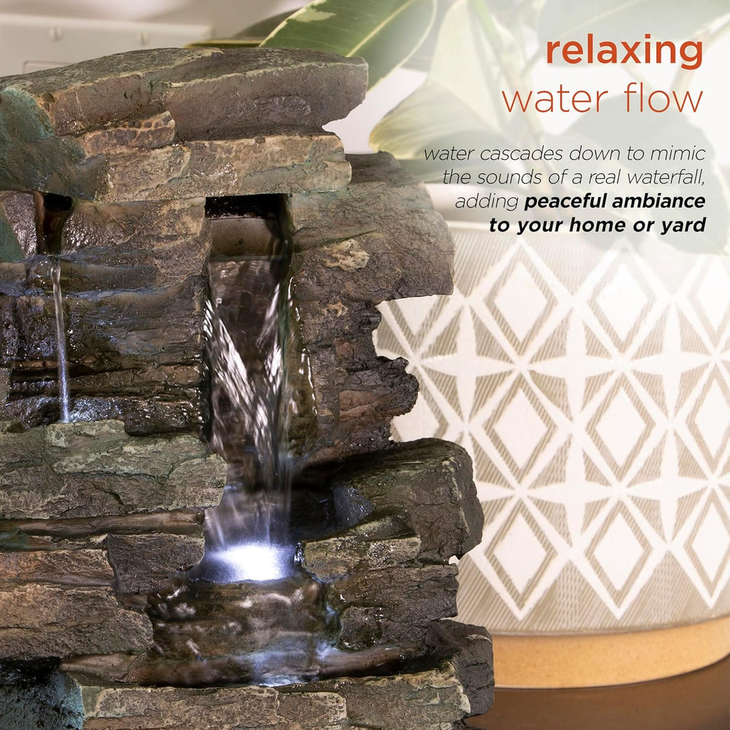 13" Tall Indoor Tabletop Water Fountain, 4 Tier Cascading Water Feature with LED Lights, or Zen Decor, Gray
