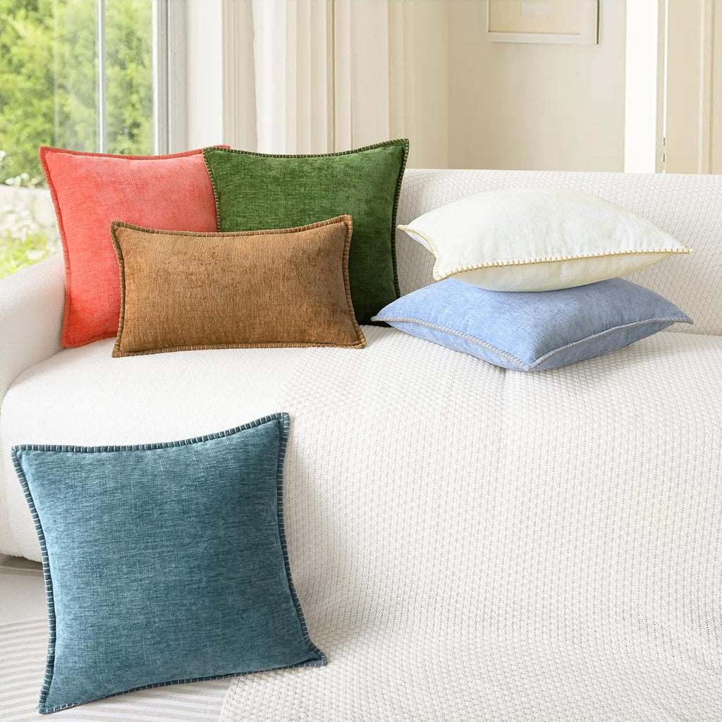 Throw Pillow Covers Decorative 18 X 18 Inches Pack of 2 Cotton Thread Stitching Edges Solid Dyed Soft Chenille