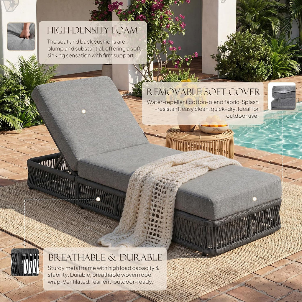 Outdoor Chaise Lounge Chairs Set of 2, 6 Adjustable Backrest Patio Lounge Chair, Woven Wicker Rope Patio Recliner
