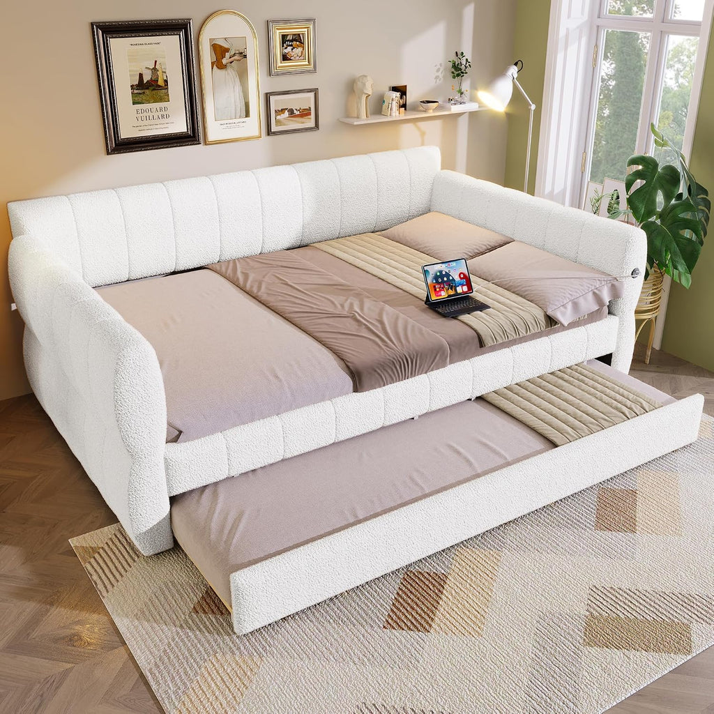 Queen Size Daybed with Trundle, Upholstered Daybed with USB Ports, Fleece Upholstered Platform Bed Frame with Twin XL