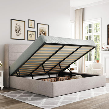 King Lift Up Storage Bed, Modern Wingback Headboard, Hydraulic Support, No Box Spring Needed, Light Beige