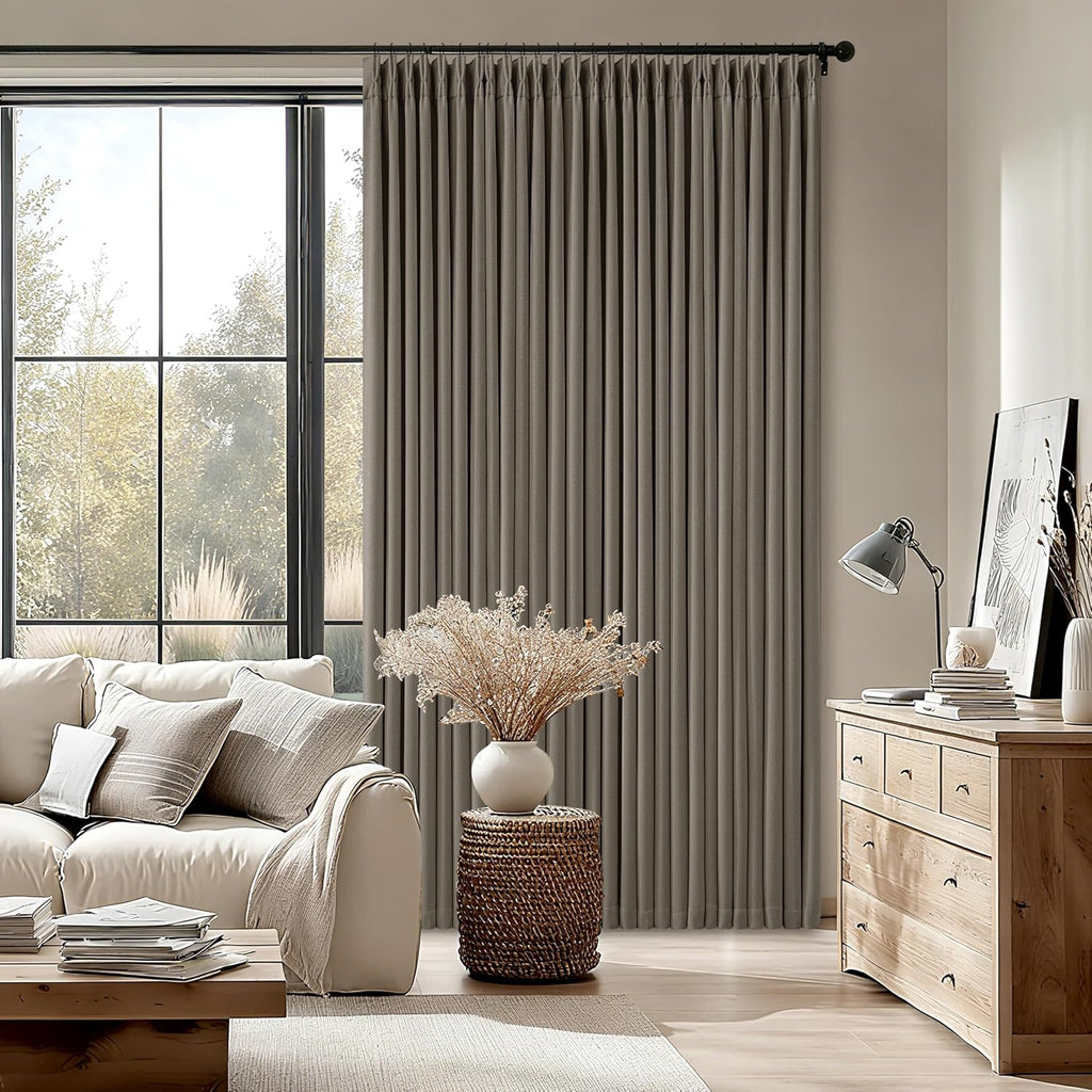 Dark Taupe Blackout Pinch Pleated Curtains 2 Panel Set for Living Room Darkening Thick Linen Textured 100%